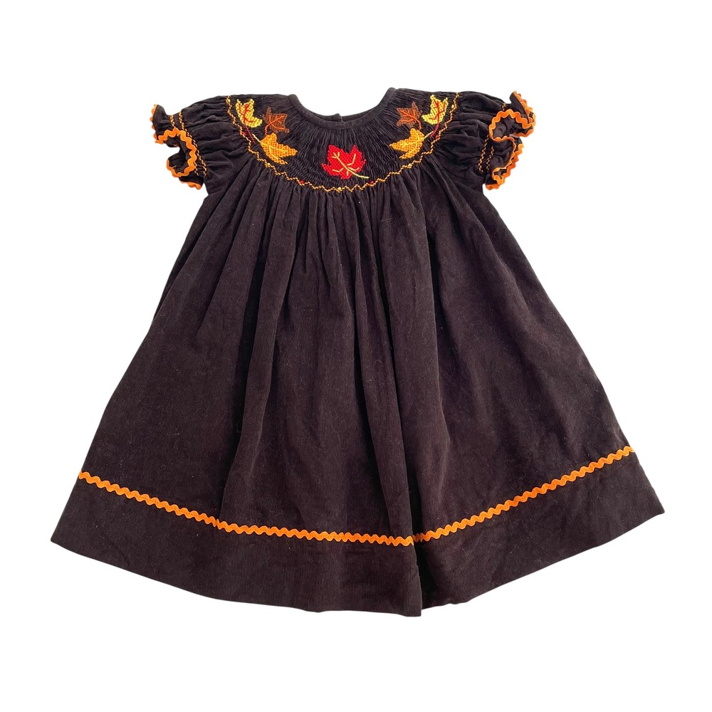 Lolly Wolly Doodle micro corduroy smocked fall leaves embroidery dress Size 6M‎